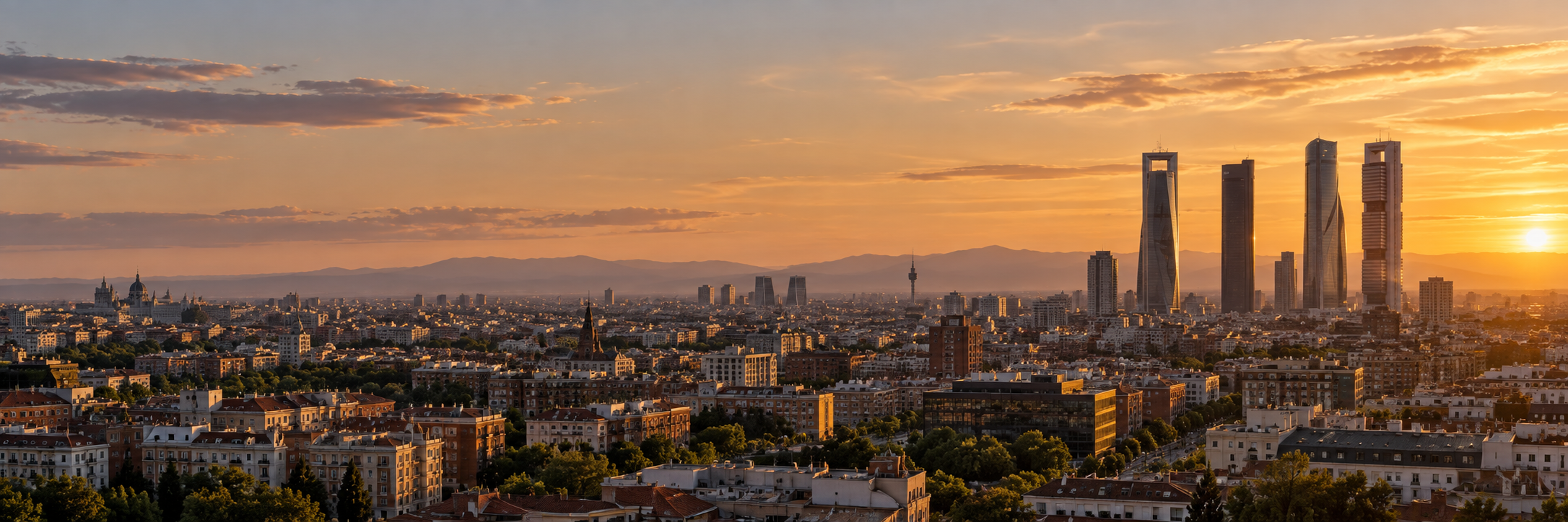 Vista panorámica del skyline de Madrid al atardecer